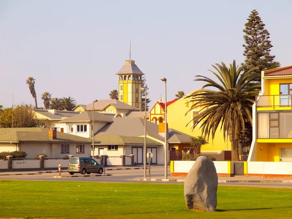 Colorful buildings at coastline of Swakopmund, German colonial town in Namibia, Africa — Stock Photo, Image