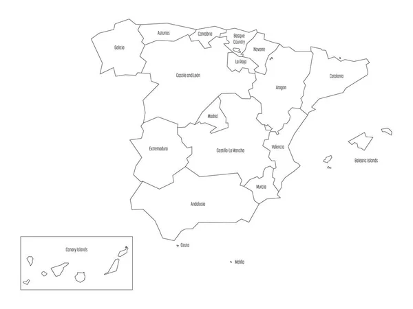 Carte de l'Espagne dévié à 17 communautés administratives autonomes. Simple contour noir mince sur fond blanc — Image vectorielle