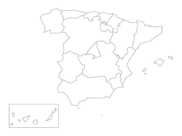 Карта Испании передана 17 административным автономным сообществам. Простой тонкий черный контур на белом фоне — стоковый вектор
