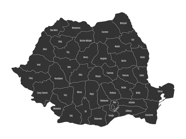 Condados administrativos da Roménia. Mapa vetorial com etiquetas — Vetor de Stock