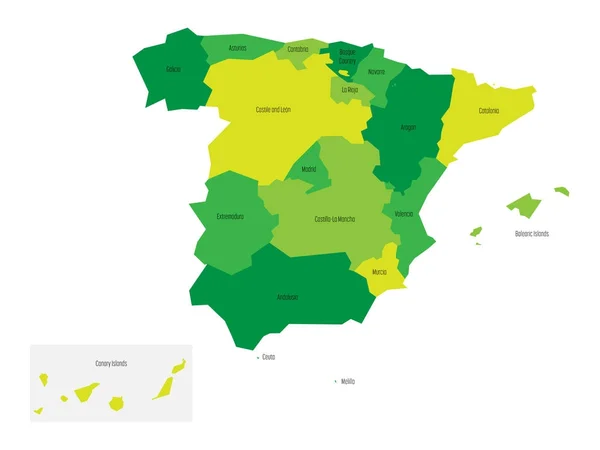 스페인 지도는 17 개의 자치 지역으로 나뉘어 져 있다. 녹색 색조의 단순 한 평평 한 벡터 지도 — 스톡 벡터
