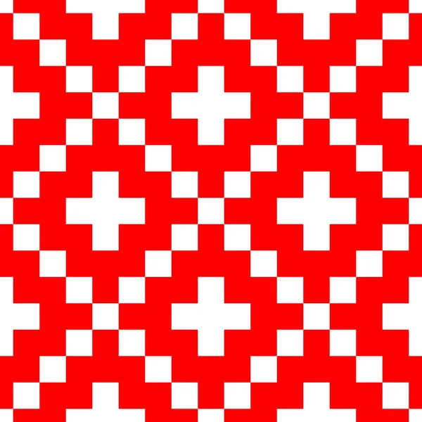 Modello senza cuciture vettoriale in stile pixel. Ornamenti rossi su sfondo bianco. campione di tessuto in stile nordico — Vettoriale Stock