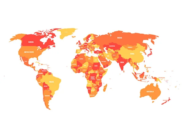 Mapa político del mundo en cuatro tonos de naranja con etiquetas de nombres de país. Aislado sobre fondo blanco. Ilustración vectorial — Vector de stock