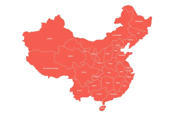 Regionalna mapa prowincji administracyjnych Chin. Czerwona mapa z białymi etykietami na białym tle. Ilustracja wektora — Wektor stockowy