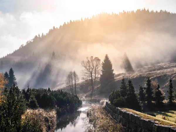 Foggy matin dans les montagnes avec les premiers rayons de soleil — Photo