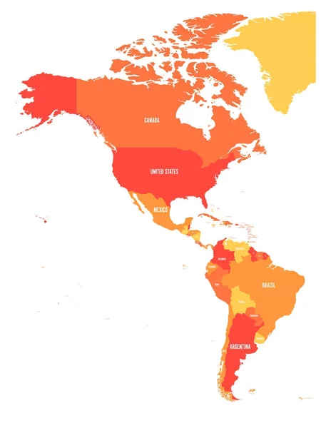 Politische Landkarte Amerikas in vier Orangetönen. Nord- und Südamerika mit Länderkennzeichen. einfache flache Vektordarstellung — Stockvektor