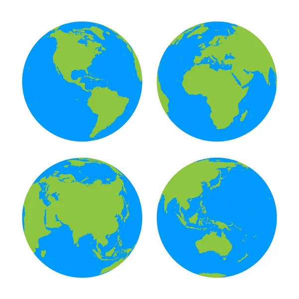 stock vector Set of four planet Earth globes with green land silhouette map on blue water background. Simple flat vector illustration