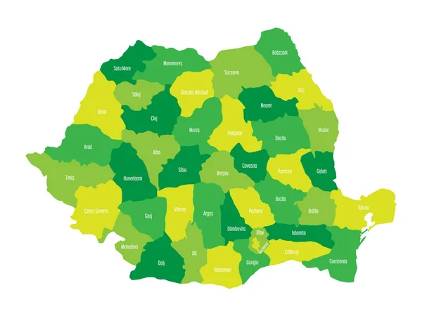 Rumäniens administrativa län. Vektorkarta i fyra nyanser av grönt — Stock vektor