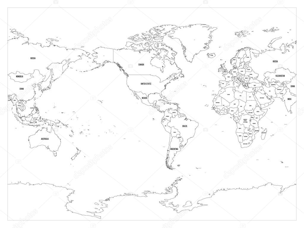 World map country border outline on white background. With country name ...