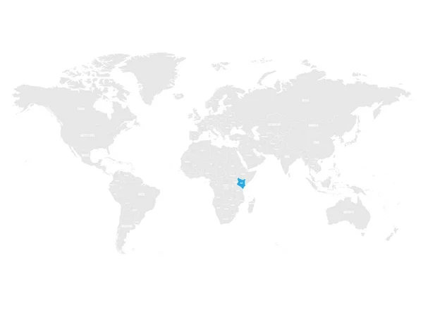 Quênia marcada por azul no mapa político cinzento do Mundo. Ilustração vetorial — Vetor de Stock
