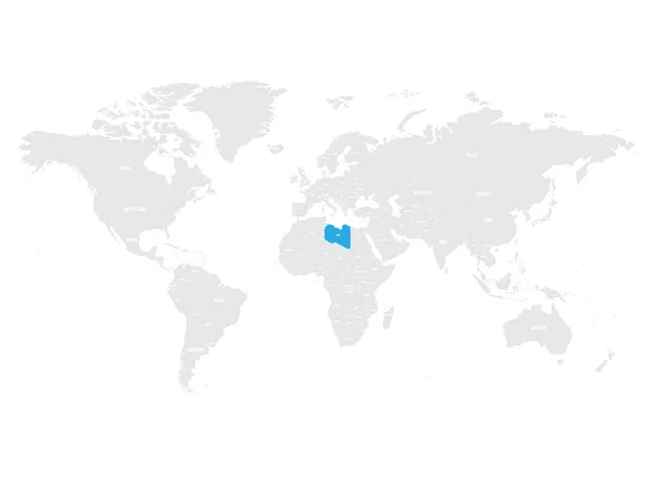 리비아 회색 세계의 정치 지도에 파란색으로 표시 된. 벡터 일러스트 레이 션 — 스톡 벡터