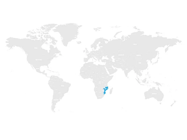 Мозамбик отмечен синим цветом на политической карте серого мира. Векторная иллюстрация — стоковый вектор