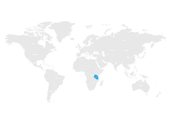 Tanzânia marcada pelo azul no mapa político cinzento do Mundo. Ilustração vetorial — Vetor de Stock