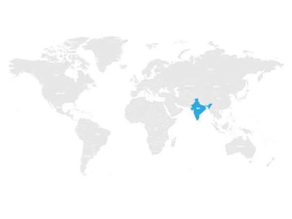Indie ve znamení modré v šedé politické mapě světa. Vektorové ilustrace — Stockový vektor