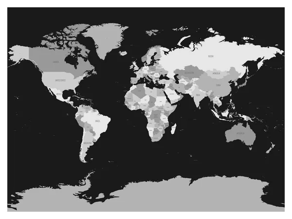 Carte du monde en quatre nuances de gris sur fond sombre. Carte politique vierge très détaillée. Illustration vectorielle — Image vectorielle