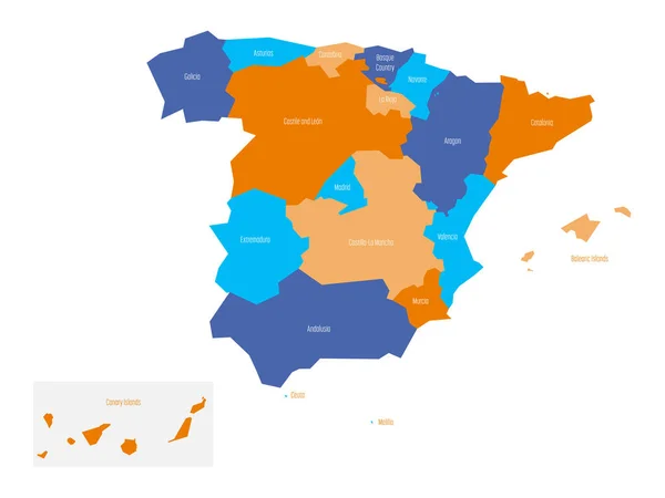 Die Landkarte Spaniens gliederte sich in autonome Verwaltungsgemeinschaften. Einfache flache Vektorkarte — Stockvektor