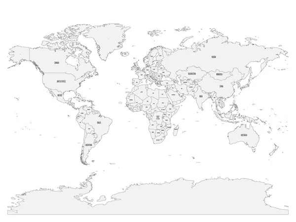 Mapa político de Mundo con nombres de países y capitales. Mapa vectorial gris — Archivo Imágenes Vectoriales