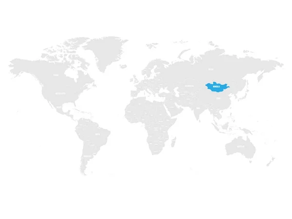 몽골 회색 세계의 정치 지도에 파란색으로 표시 된. 벡터 일러스트 레이 션 — 스톡 벡터