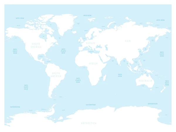 Hydrologische kaart van wereld met etiketten voor oceanen, zeeën, kloven, baaien en straat. Vector kaart met witte landerijen en blauw water — Stockvector