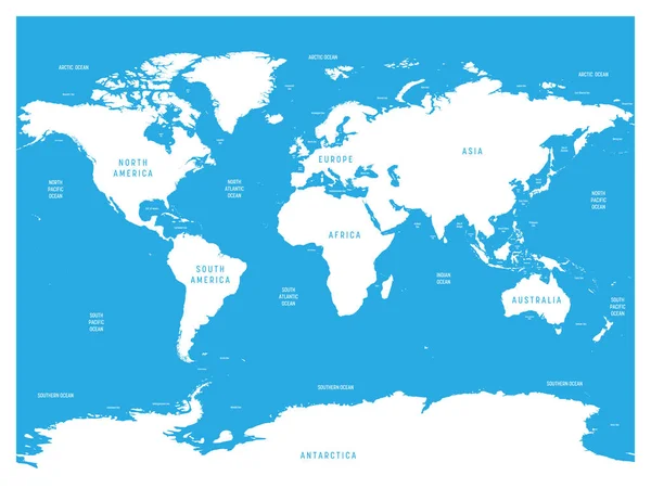 Mapa oceanográfico do Mundo com rótulos de oceanos, mares, golfos, baías e estreitos. Mapa vetorial com terras brancas e água azul — Vetor de Stock