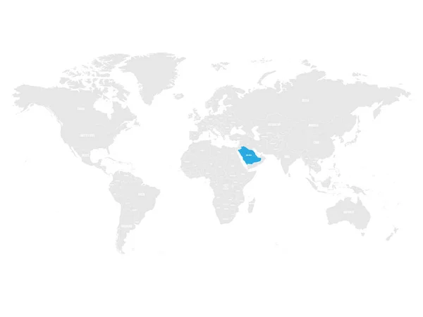 Arábia Saudita marcada pelo azul no mapa político cinzento do Mundo. Ilustração vetorial — Vetor de Stock