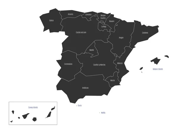 O mapa espanhol foi concebido para 17 comunidades autônomas administrativas. Simples plano mapa vetorial escuro —  Vetores de Stock