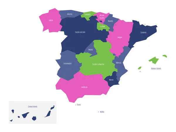 Mapa da Espanha concebido para comunidades autônomas administrativas. Mapa vetorial plano simples — Vetor de Stock