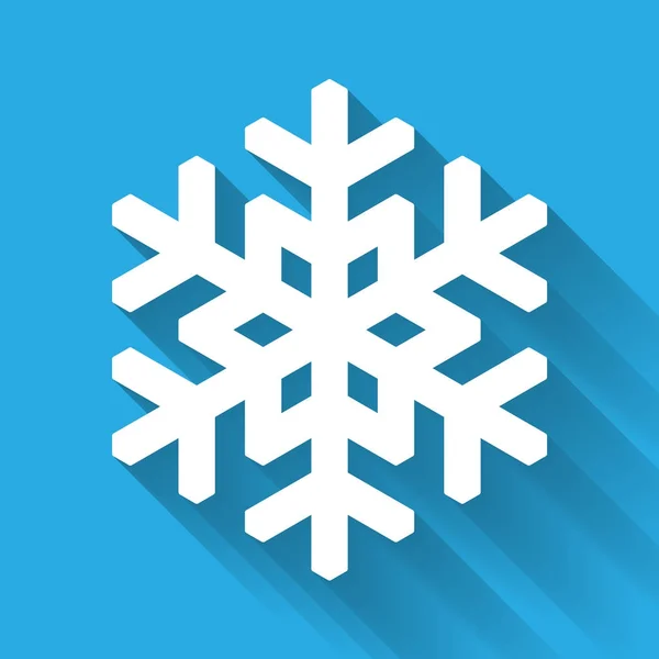 Icono del copo de nieve. Tema Navidad e invierno. Ilustración blanca plana simple con sombra larga de gradiente aislada sobre fondo azul — Vector de stock
