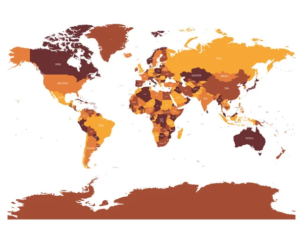 Mapa del mundo en cuatro tonos de marrón sobre fondo blanco. Mapa político en blanco de alto detalle. Ilustración vectorial con trayectoria compuesta etiquetada de cada país — Vector de stock