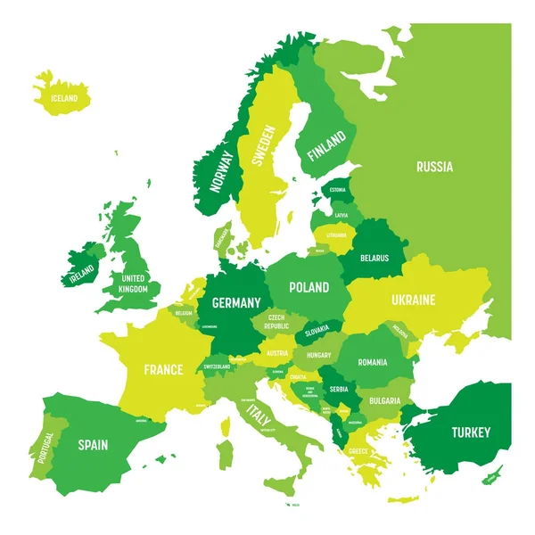 Mapa político do continente europeu em quatro tons de verde com etiquetas de nome de país branco e isolado em fundo branco. Ilustração vetorial —  Vetores de Stock