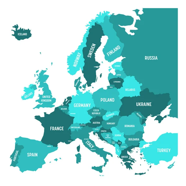 Mapa político del continente europeo en cuatro tonos de azul turquesa con etiquetas de nombre de país blanco y aislado sobre fondo blanco. Ilustración vectorial — Vector de stock