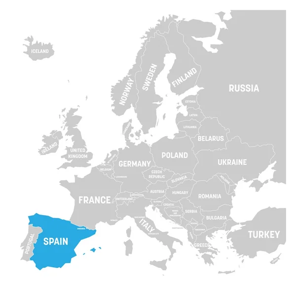 España marcada por el azul en gris mapa político de Europa. Ilustración vectorial — Archivo Imágenes Vectoriales
