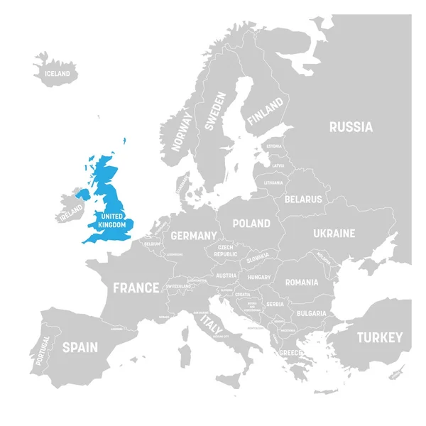 Regno Unito, Regno Unito di Gran Bretagna e Irlanda del Nord, segnato dal blu nella mappa politica grigia dell'Europa. Illustrazione vettoriale — Vettoriale Stock