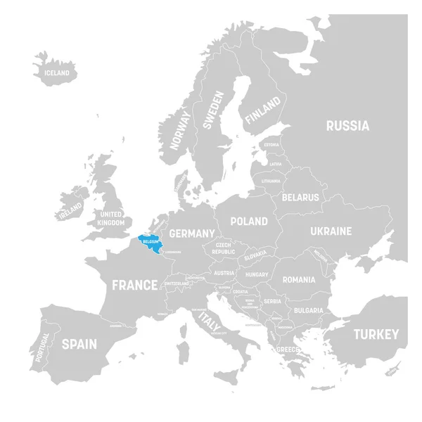 Bélgica marcada por el azul en gris mapa político de Europa. Ilustración vectorial — Vector de stock