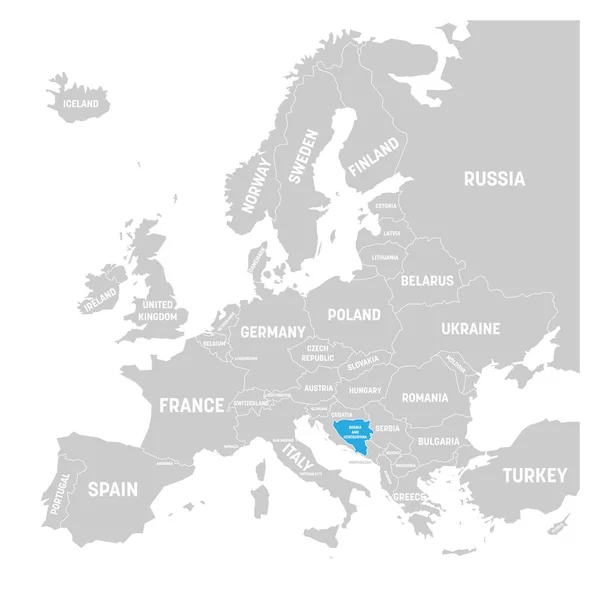 Bosnia y Herzegovina marcados por el azul en gris mapa político de Europa. Ilustración vectorial — Vector de stock