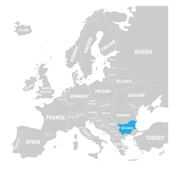 Bulgaria marcada por el azul en gris mapa político de Europa. Ilustración vectorial — Vector de stock