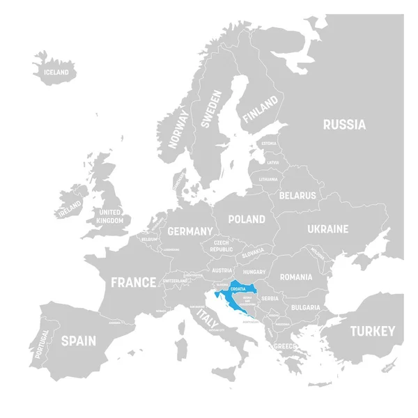 Croacia marcada por el azul en gris mapa político de Europa. Ilustración vectorial — Archivo Imágenes Vectoriales