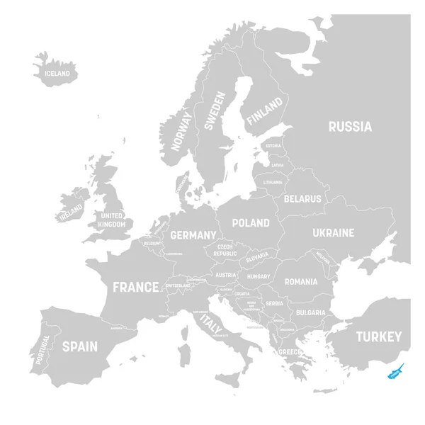 Zypern, gekennzeichnet durch eine blau in grau gehaltene politische Landkarte Europas. Vektorillustration — Stockvektor