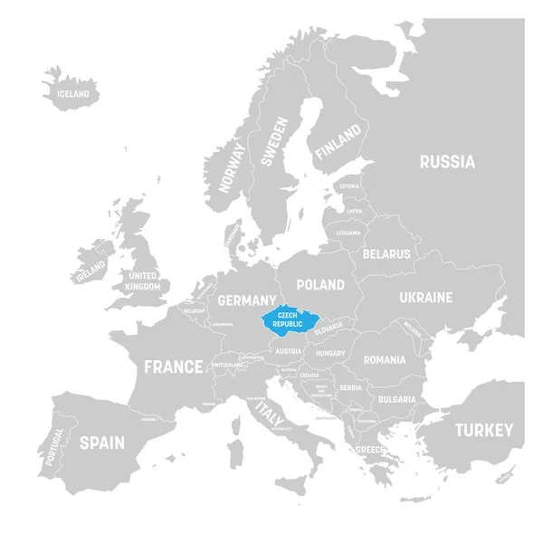 Tjeckien präglas av blå i grå politisk karta över Europa. Vektorillustration — Stock vektor