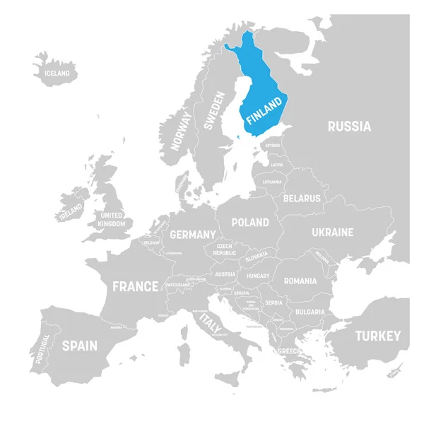 Finlandia segnata dal blu nella mappa politica grigia dell'Europa. Illustrazione vettoriale — Vettoriale Stock