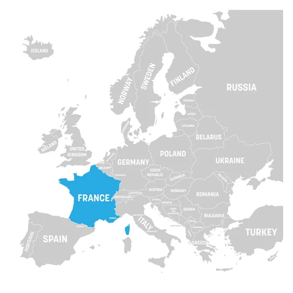 Francia segnata dal blu nella mappa politica grigia dell'Europa. Illustrazione vettoriale — Vettoriale Stock