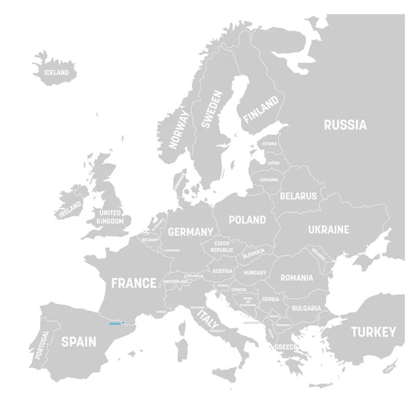 Andorra označené modře v šedé politické mapě Evropy. Vektorové ilustrace — Stockový vektor