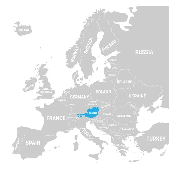 Rakousko ve znamení modré v šedé politické mapě Evropy. Vektorové ilustrace — Stockový vektor