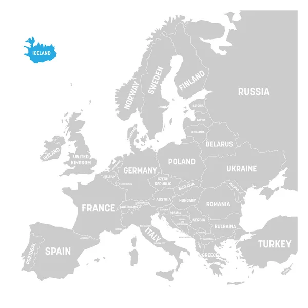 Islandia marcada por el azul en gris mapa político de Europa. Ilustración vectorial — Vector de stock