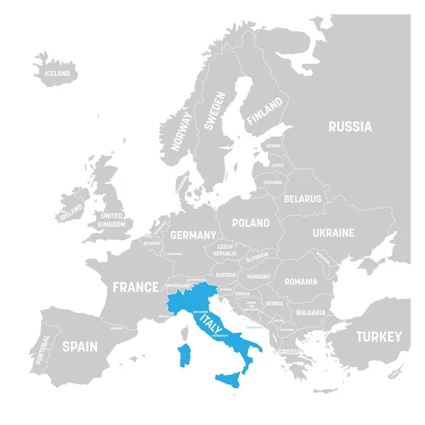 Italia marcada por el azul en gris mapa político de Europa. Ilustración vectorial — Archivo Imágenes Vectoriales