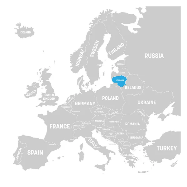 Lituania marcada por el azul en gris mapa político de Europa. Ilustración vectorial — Vector de stock