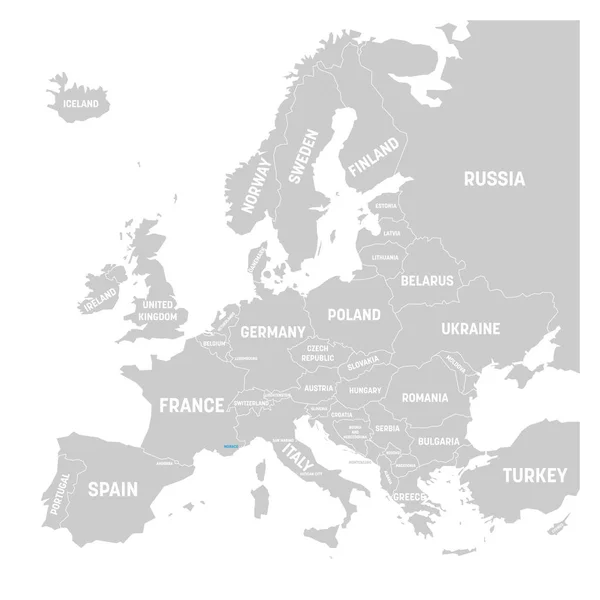 Mônaco marcado pelo azul no mapa político cinzento da Europa. Ilustração vetorial —  Vetores de Stock