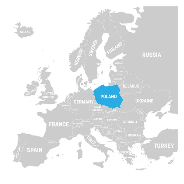 Polônia marcada pelo azul no mapa político cinzento da Europa. Ilustração vetorial — Vetor de Stock