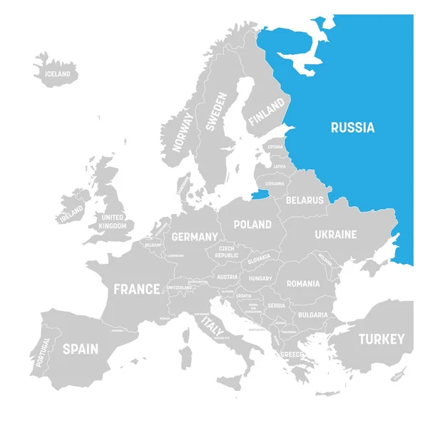 Russia segnata dal blu nella mappa politica grigia dell'Europa. Illustrazione vettoriale — Vettoriale Stock