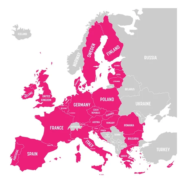 Karta över Europa med rosa markerade EU: S medlemsstater. Vektorillustration. Förenklad karta över Europeiska unionen — Stock vektor